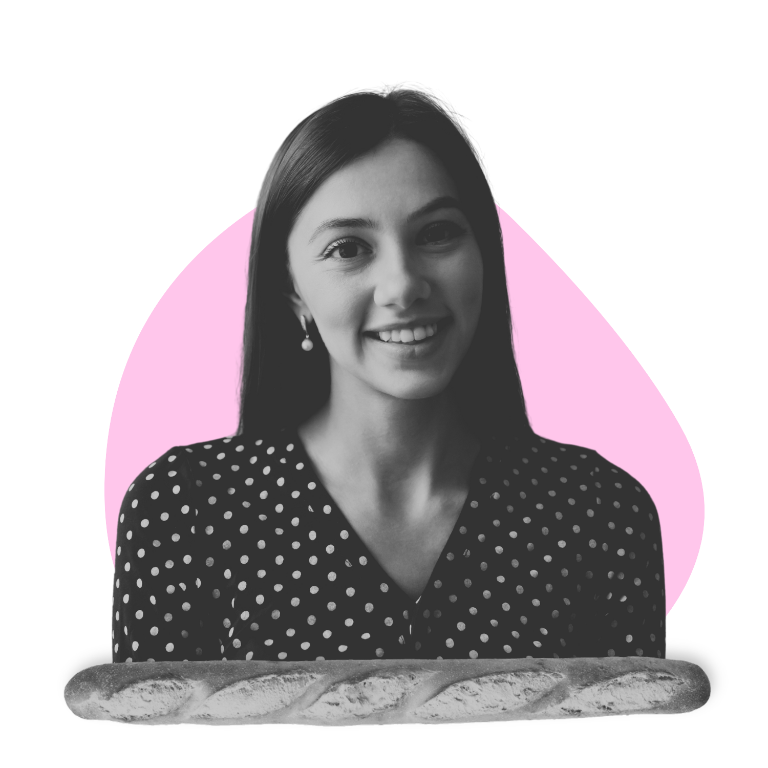 Clara, CMO of The Oh No Club, smiling in black and white with a baguette and pink background.
