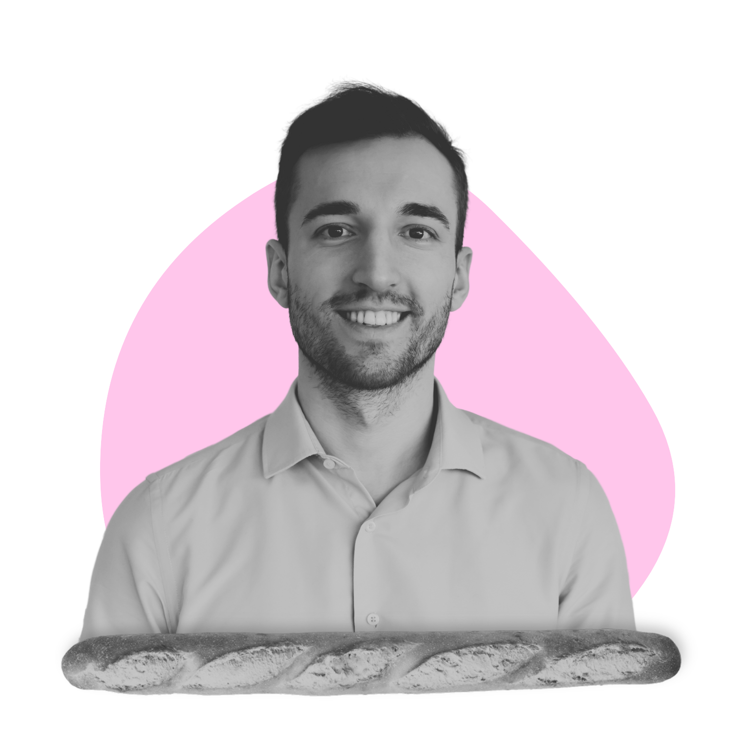 Julien, CFO of The Oh No Club, smiling in black and white with a pink background and a baguette in front.