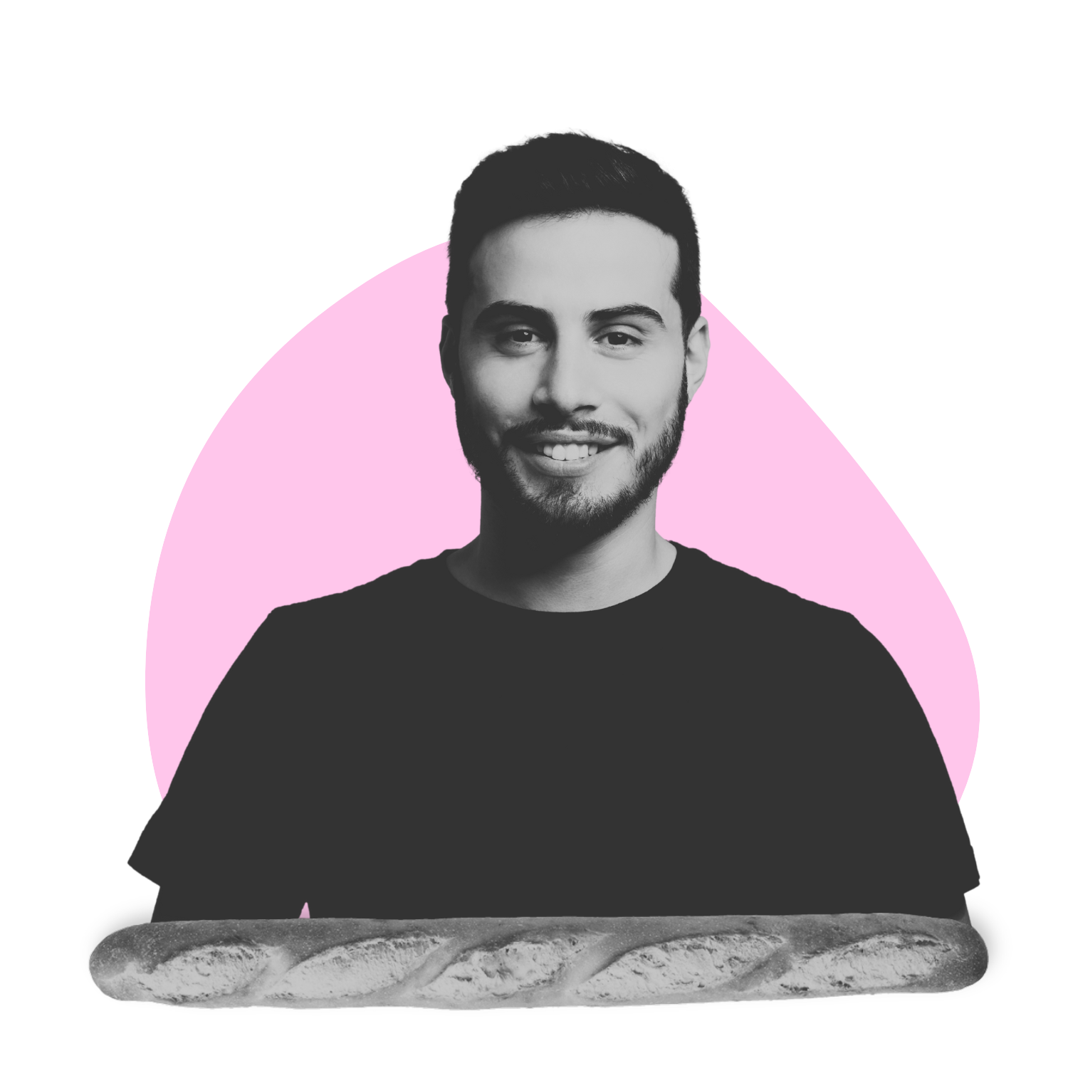 Nico, UX expert at The Oh No Club, smiling in black and white, with a pink background and a baguette in front.