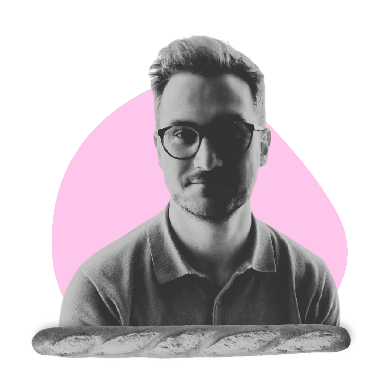 Tolgay, CPO and Founder of The Oh No Club, smiling in black and white with a baguette and pink background.