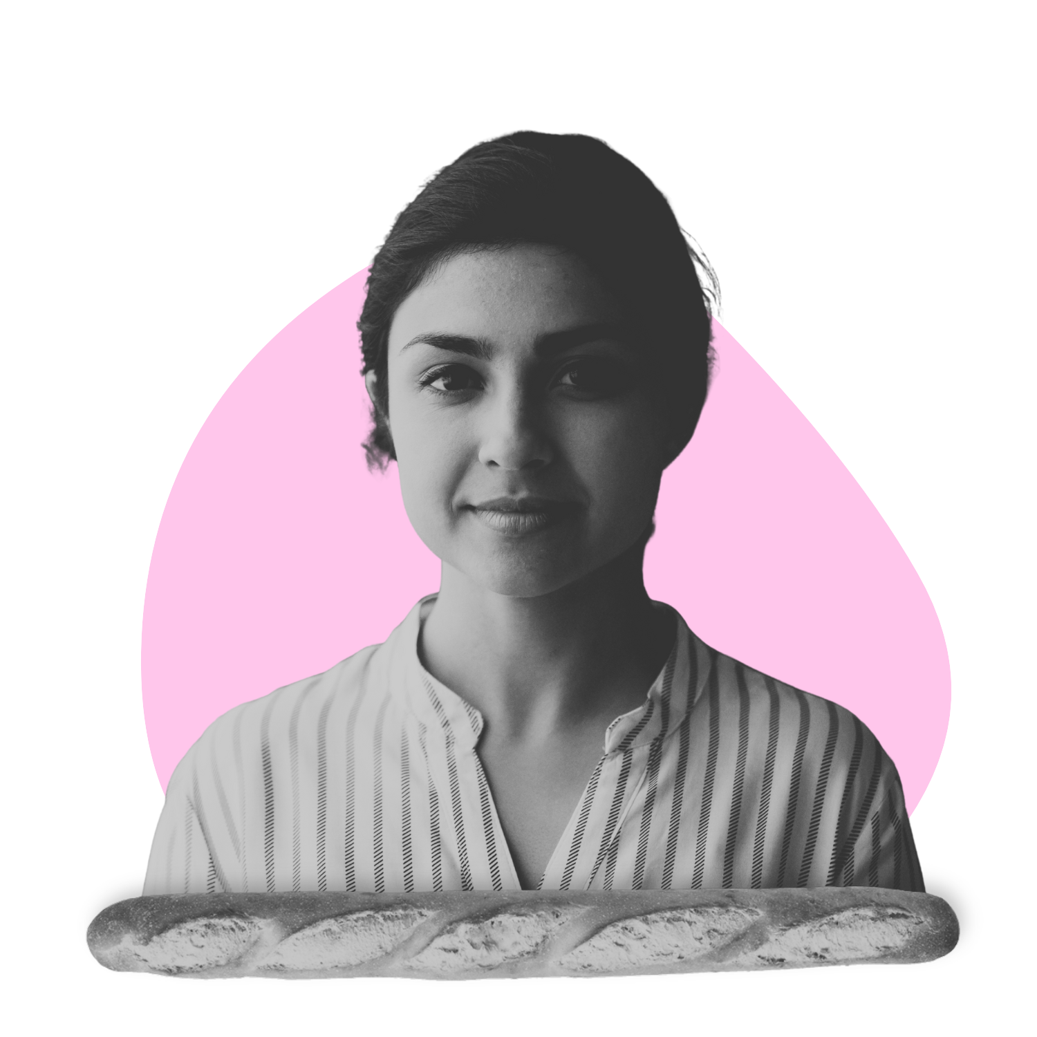 Zoé, The Oh No Club’s AI-generated research expert, calmly gazing forward with a baguette below and a pink background.