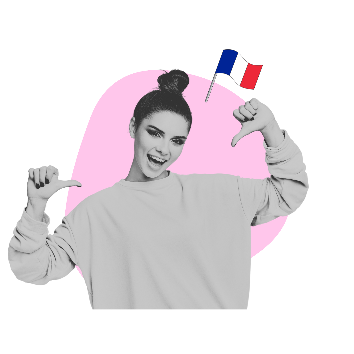 No more oh no in French Proud woman flexing her French with a French flag and pink background